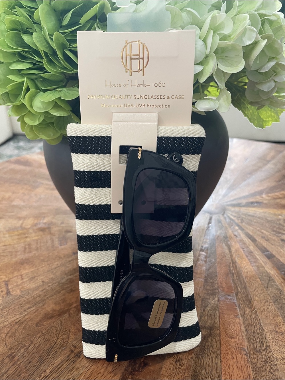 House of Harlow 1960 Black Sunglasses with Black & White Striped Case